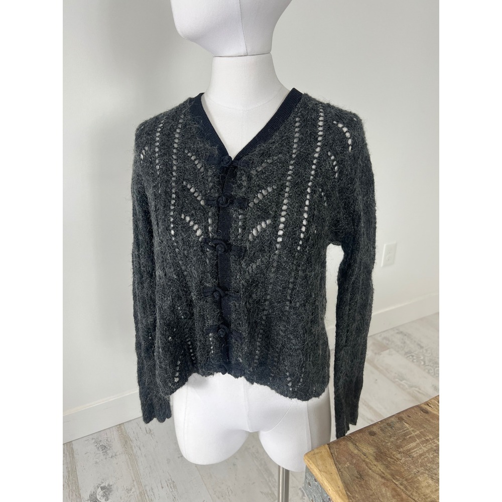 Ivy Women Charcoal Grey Fuzzy Open Knit Pointelle Cardigan Frog Closure Size M